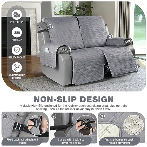 Image of TAOCOCO 100% Waterproof Oversized Recliner Cover, Non-Slip Split Loveseat Cover With Elastic Straps for Kids Pets (Oversized 2 Seater, Gray)