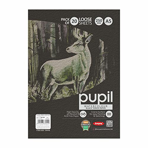 Image of Anupam Pupil Black Toned Paper - Acid Free - Cold Press Paper - 20 Loose Sheet - 225 GSM - A5
