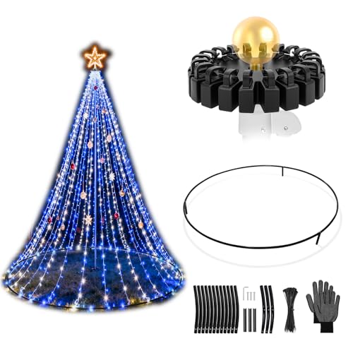 Tryly Flag Pole Christmas Tree Kit with Plastic Flag Pole Mega Topper Light Hook and Heavy-Duty Metal Hoop for 15-30 FT Telescoping In-Ground Poles Outdoor Decoration for Patio Yard (No Lights)
