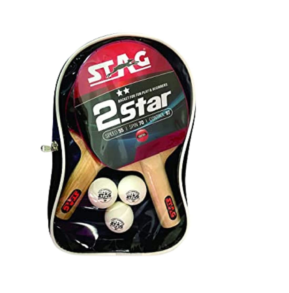STAG 2 Star Table Tennis Playset, 2 Racquets & 3 Balls (White), (Model: STAR2-SET WH)
