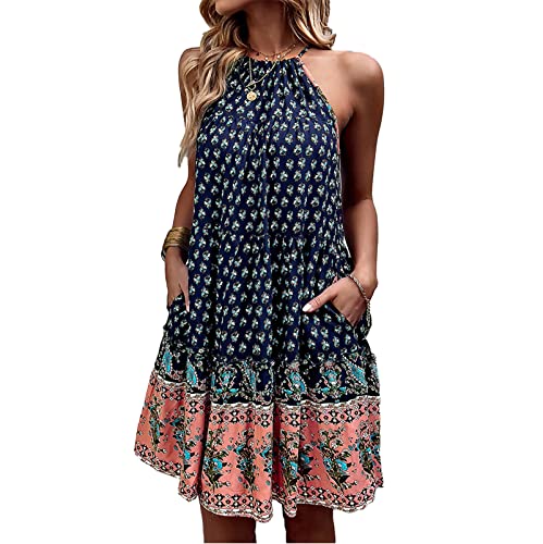 Vestidos de Mujer Verano Bohemia Estampado Floral Vestidos Cortos Vestidos de Playa Oscilantes sin Espalda sin Mangas Cintura Alta Vestido Halter Mini Vestido Vestidos de Verano(XL-Azul Oscuro)