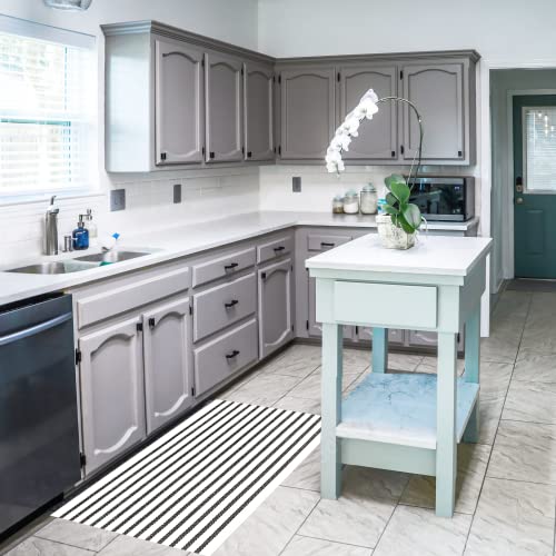 Breezsisan Black And White Striped Outdoor Rug, Cotton, 23.5X51.2 Inches Striped Rug & Under Mat Rug For Front Porch, Patio, Entryway & Farmhouse, Handwoven Modern Rug, Striped Carpet & Welcome Mat. #TOP3