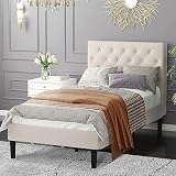 HOMBCK Twin Bed Frame, Upholstered Bed Frane Twin with Button Tufted Headboard, Linen Fabric Modern