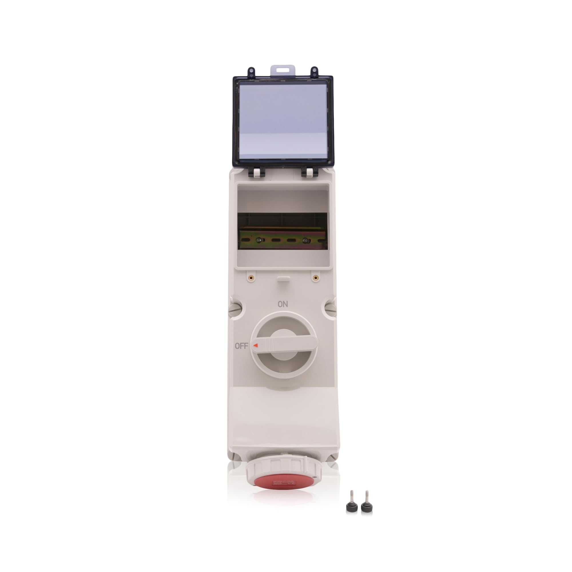 Intratec CEE Wandsteckdose 16A 5-polig IP67 – Schalter abschließbar, DIN-Schiene für LS/FI, vorverdrahtet, 400V AC, Abdeckung transparent, ABS-Gehäuse Grau