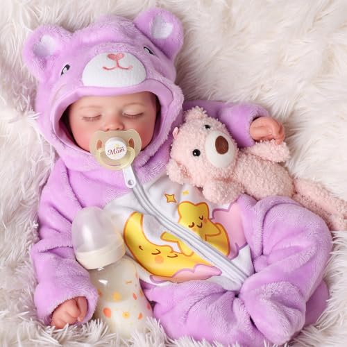 JIZHI Reborn Baby Girl - 20 Inch Realistic Babies Dolls with Cloth Body - Lifelike Newborn with Toy Accessories for Age 3+ (The bear doll is not included)