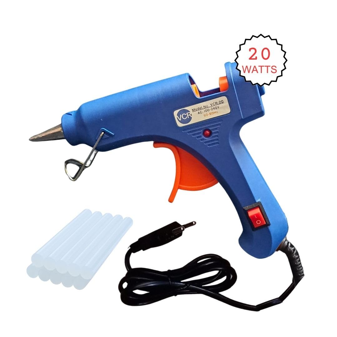 VCR 20W Hot Melt Glue Gun for Crafting & DIY Purpose - 20 Watts - ON/Off Switch for Precise Glue Output - Easy To Use Blue Glue Gun + 10 Transparent - 7mm Glue Sticks - VCR 20 Mini