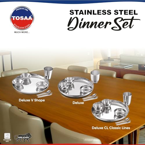 Image of TOSAA Stainless Steel Dinner Set Deluxe Classic Shape- 5 PCS Set Stainless Steel Dinner Set |Includes Plate, Curry Bowls, Side Plate, Glass & Spoon | Silver
