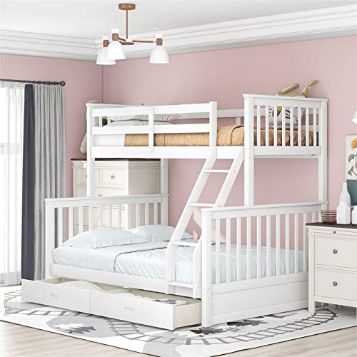 Harper & Bright Designs Twin-Over-Full Bunk Bed with Ladders and Two Storage Drawers,Space-Saving Design,White