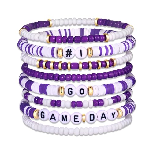 Game Day Bracelets for Women Red Blue Spirit Day Accessories Stackbale Clay Heishi Bracelets Beaded Stretch Bracelet Football Mom Accessories Outfits Jewelry Gifts