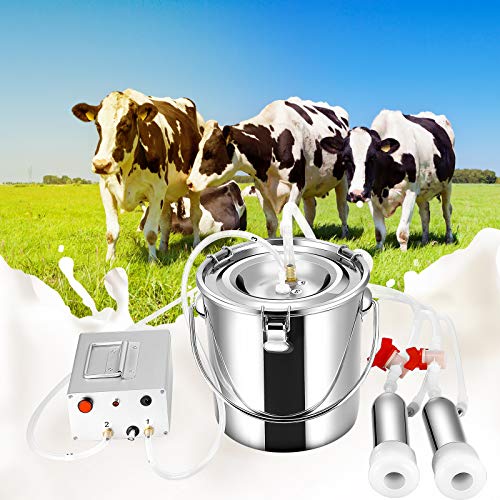 SEAAN Milking Machine for Cows Goats Milker Pulsating Electric Automatic with 2 Teat Cups Pulsation Vacuum Pump Stainless Steel Bucket 7L