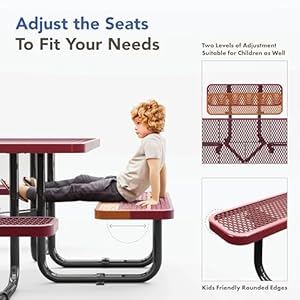 Metal Picnic Tables for Outdoors with Umbrella Hole - Coated Steel Heavy Duty Commercial Grade Table with Adjustable Seats, 2 Extra Legs, Patio Furniture Set for a Lifetime (46” Square, Red) Metal Picnic Tables for Outdoors with Umbrella Hole Coated Steel Heavy Duty Commercial Grade Table with Adjustable Seats 2 Extra Legs Patio Furniture Set for a Lifetime 46 Square Red