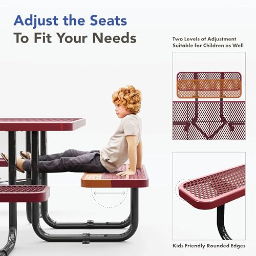 Metal-Picnic-Tables-for-Outdoors-with-Umbrella-Hole-Coated-Steel-Heavy-Duty-Commercial-Grade-Table-with-Adjustable-Seats-2-Extra-Legs-Patio-Furniture-Set-for-a-Lifetime-46-Square-Red Metal Picnic Tables for Outdoors with Umbrella Hole Coated Steel Heavy Duty Commercial Grade Table with Adjustable Seats 2 Extra Legs Patio Furniture Set for a Lifetime 46 Square Red