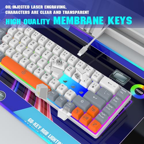 Image of Snpurdiri 60% Percent Gaming Keyboard, Ergonomic Compact RGB Backlit Small Gaming Keyboard for Windows, PC, Laptop (68 Keys, White-Grey-Orange)
