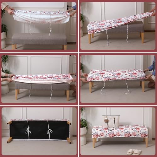 Image of HOKIPO Premium Printed Velvet Stretchable Dining Bench Slipcover, Red Cottage Rose (AR-5798-D6)