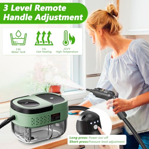 Image of Handheld Steam Cleaner, 2500W High Pressure Steamer for Cleaning, Portable Steam Cleaner with 1.6L Water Tank, 3 Levels Adjustable Handle, Steam Cleaner for Home (Green, 1600ML)