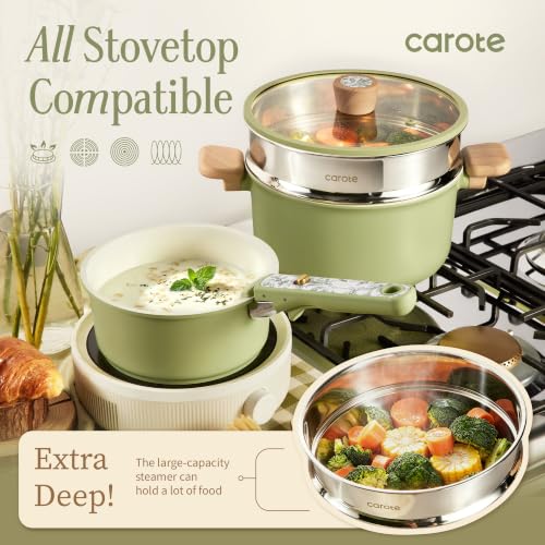Image of CAROTE 42pcs Ceramic Cookware Set, Pots and Pans Set with Detachable Handle | Baking Pans Set, Knife Set, Non Stick, Induction Compatible, Dishwasher&Oven Safe, Space Saving, for Kitchen /RV /Camping Green
