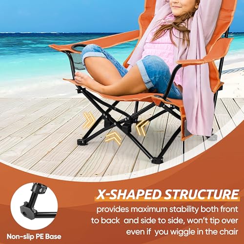 Image of HaSteeL Folding Beach Chair Set of 2, Foldable Orange Camping Chairs for Outside, Low Beach Chair Portable for Adults Fishing, Picnic, Outdoor BBQ, Travel, Sports, Cup Holder & Storage Bag