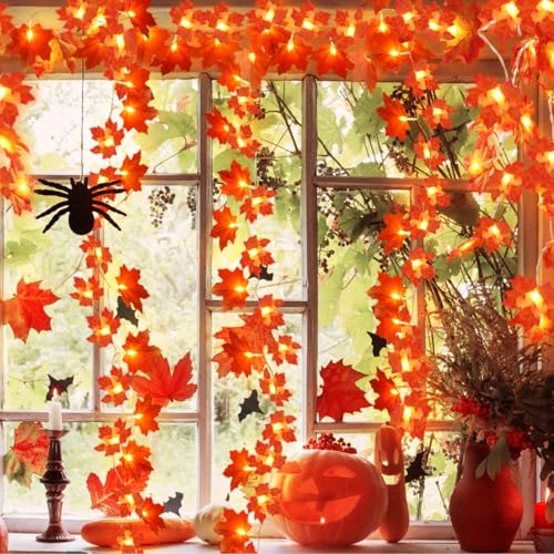 2 Pack Fall Decor Garland for Home, Total 20 Ft 40 LED Maple Leaves Fall Lights Garland with Battery Operated Waterproof Harvest Thanksgiving Halloween Decoration for Indoor Outdoor