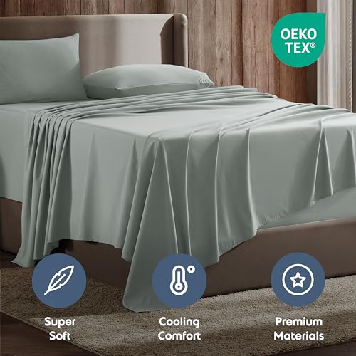 Image of Nestl Queen Bed Sheet Set - Sage Green - 4-Piece Deep Pocket | Instantly Soft, Night-One Ready (No Wash Required). Fits 16-Inch Deep Pockets, 360-Degree Elastic Grip