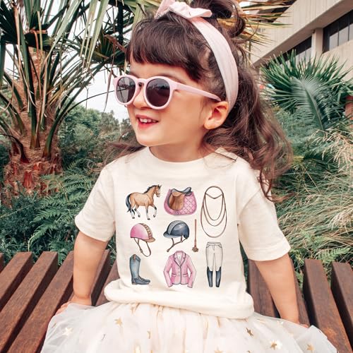 Girls Pink Horseback Riding Doodles Shirt - Cute Equestrian Horse English Style Aesthetic Outfit - Natural Toddler Youth Tee2