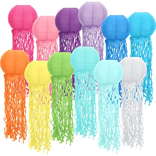 Retisee 12 Pcs Hanging Jellyfish Paper Lanterns Under The Sea Ocean Party Decorations Jelly Fish Decor for Mermaid Beach Theme Birthday Party Baby Shower Baby Classroom, Multicolor(Bright Color)