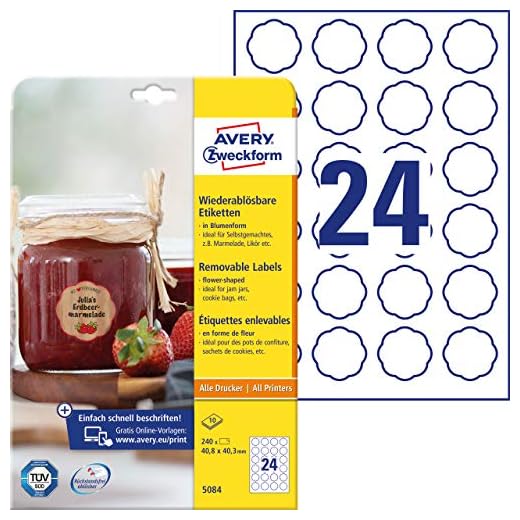 AVERY Zweckform Marmeladetiketter art. 5084 (240 klistermärken, borttagbara, 40,8 x 40,3 mm på A4, blomform, för konserverande burkar, bakverk, gåvor, hemgjorda från köket) 10 ark vita
