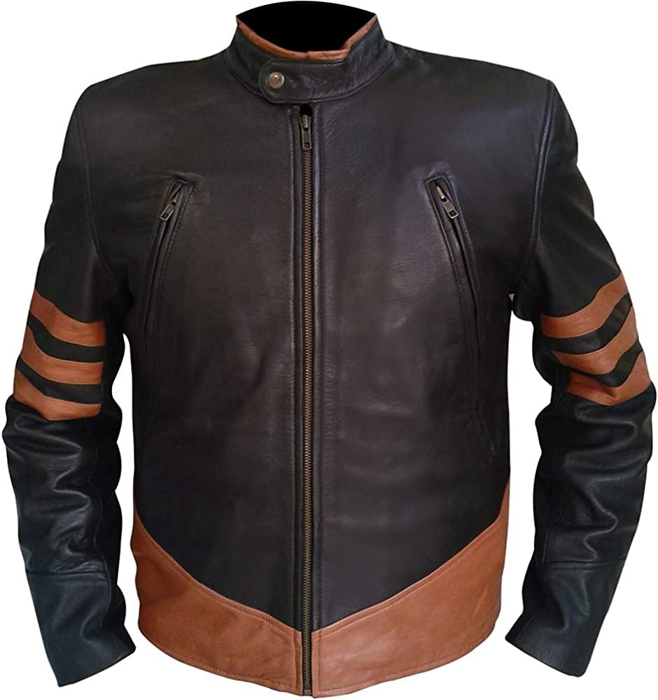 Mens Brown Striped Leather Jacket - Wolv Logar Biker Jacket