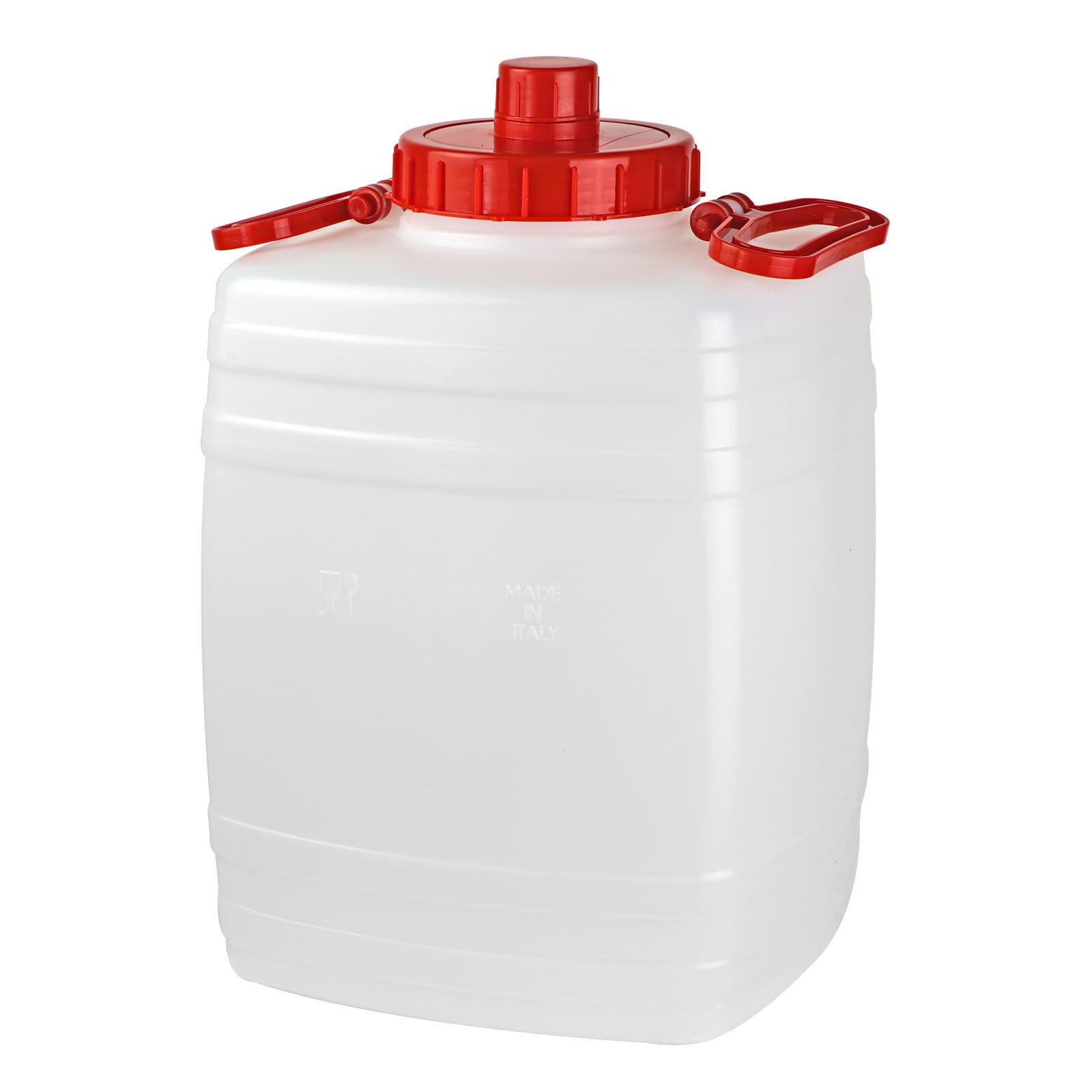 Bottiglione in plastica (HDPE), quadrato con collo largo e rubinetto, capacità 20 Lt, maniglia in ferro e tappo a vite (incluso) (20 Lt - Modello Maniglia Centrale)