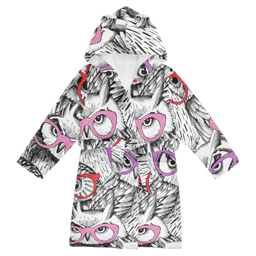 WIFIU Toddler Baby Hooded Bathrobe for Boys Girls Owls in Glasses Printed, Soft Plush Bath Towel Robe with 2 Pockets Black and White for 4-6 Years