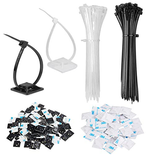 TTYSHIP 200 Pièces Serre-Câbles, Attache Cable Adhesif en Plastique, Embase Adhesive, Pour La Gestion des Câbles à La Maison Et au Bureau (Noir, Blanc) Cover