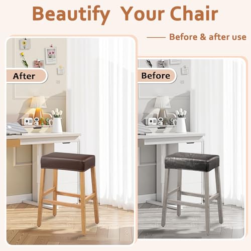 Image of PU Leather Bar Stool Covers Rectangular, 100% Waterproof Stool Covers Rectangle Super Stretch 20% Thicker Leather Saddle Stools Cover Rectangular Counter Bar Stools with Elastic Band (2 PCS, Coffee)