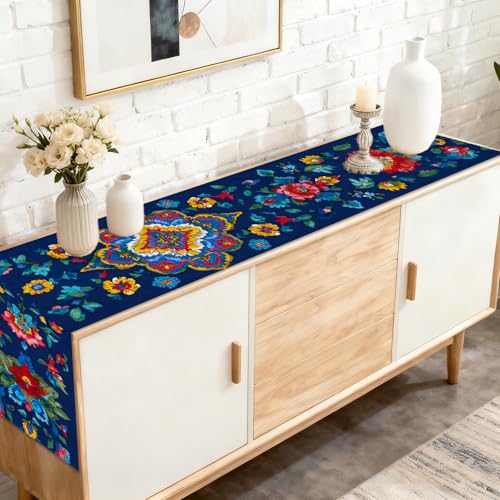 Image of Nuxovilar Floral Mandala Table Runner Flax 13x72 in | Holiday Runner Flax Placemats Dining Accessories Set Festive Gathering Boho Space Room (Colorful Mandala)