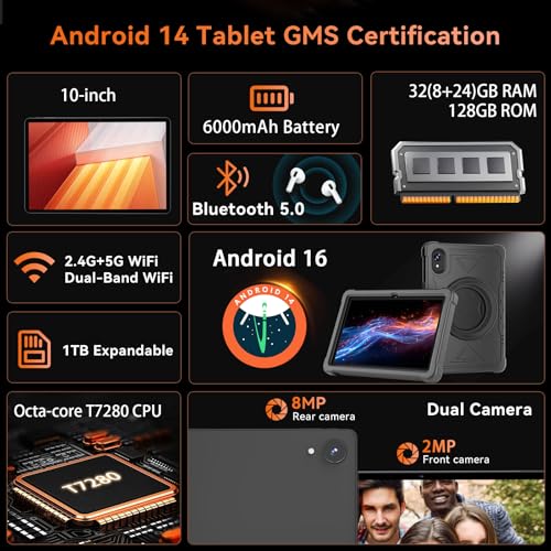 Image of Tablet 10 Inch Android 16 Tablet, 32GB RAM 128GB ROM, 1TB Expansion, T7280 Octa-Core, Large Capacity Battery, Dual Camera, 5G /2.4G WiFi, Bluetooth 5.0, GPS, Gemini AI, Drop-Proof Case (Black)