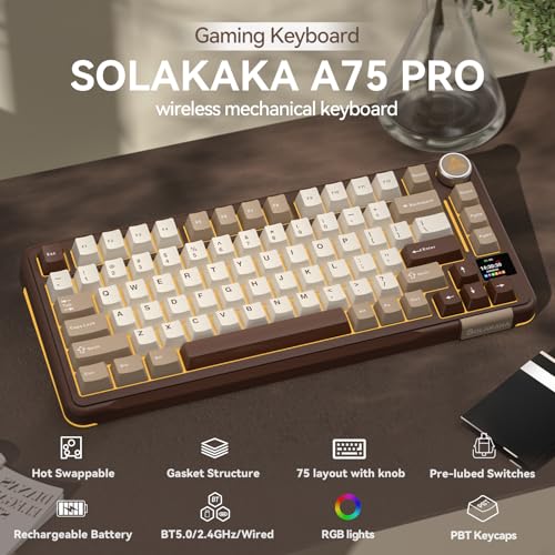 Image of SOLAKAKA A75 PRO 75% Wireless Mechanical Keyboard with Screen and Knob, Tri-Mode Hot Swappable Gaming Keyboard, RGB Backlit Gasket Creamy Pre-lubed PBT Computer Keyboard for PC /Mac /Win,Brown