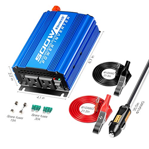 Kinverch 500W Continuous/1000W Peak Car Power Inverter DC 12V to AC 110V Adapter with 2 AC Outlets and 2A USB Charging Port