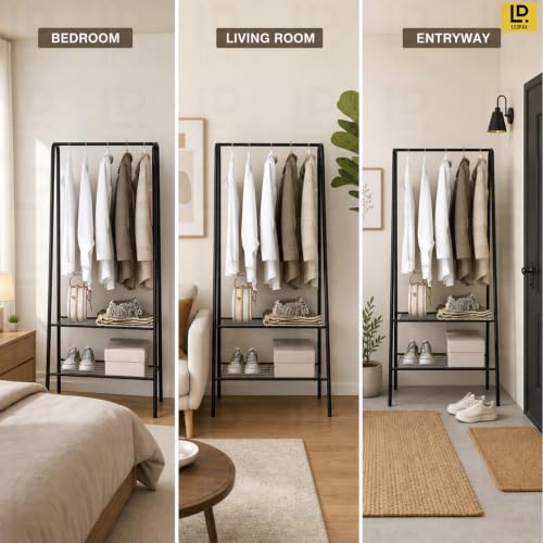 Image of LEOPAX Heavy Duty Metal Clothes Rack with 2 Shelves, Garment Hanging Rail & Coat Stand for Clothes, Shoes, Bags Storage, Freestanding Wardrobe Organizer for Bedroom, Entryway & Laundry Room - Black