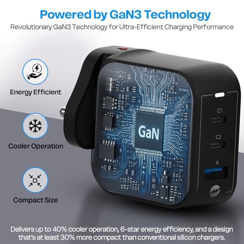 Image of MOZEN by Amkette 67W GaN3 Fast Charger with Dual USB-C & USB-A | PD & QC Charging | Laptop & Smartphone Fast-Charging | Detachable Travel Plug | Intelligent Power Split & Multi-Layer Safety