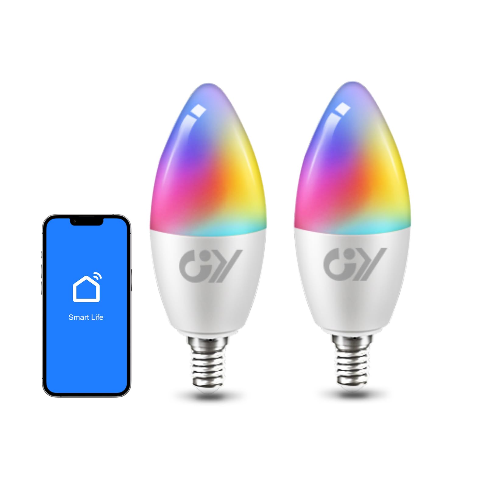 GY GY Bluetooth Mesh E14 RGBCW Smart Bulbs C37 Dimmable LED Bulb,Warm White to Cool White(2700K-6500K) Colour Changing,580LM,No WiFi Required,Bluetooth Connect Smart Life APP Control,2 Packs
