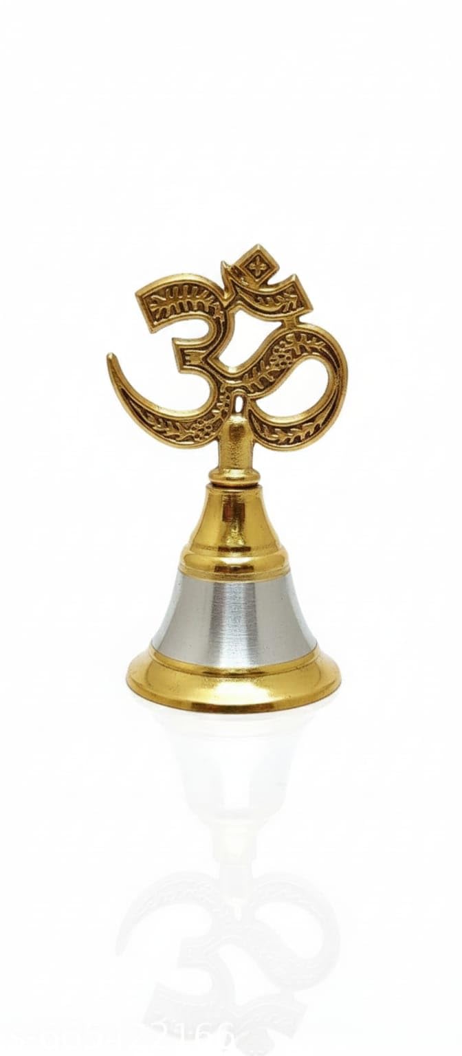 Om Symbol Brass Puja Bell, Hindu Prayer Ghanti, Metal Worship Accessory for Home Mandir, Aarti Ceremony, Meditation Room, Temple Decoration, Religious Festival Gift-image-23