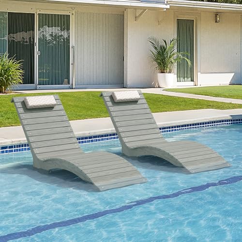 Compsia Pool Lounge Chairs Outdoor Set of 2，HDPS Long Pool Chairs for in Pools, Weighted All Weather Tanning Chair with Headrest，Chaise Lounge for Outside Beach Patio Sun Bathing Hotel, Gray
