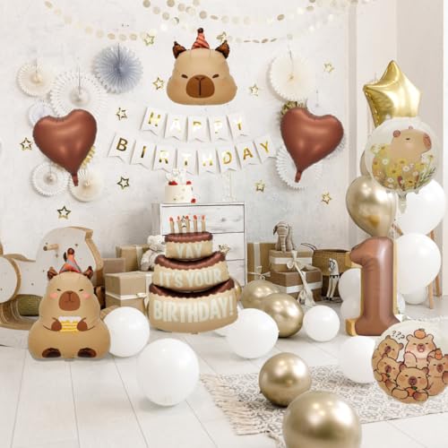 Image of Capybara Birthday Foil Balloon Set, 8-Piece Party Decor (0) | Reusable foil balloon set with capybara, cake,number . Perfect for birthday, baby shower, gender reveal & themed parties