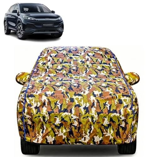 Image of Waterproof Car Body Cover for BYD ATTO 3 with Mirror Pocket| Cotton Inner Lining | Triple Stitched | All Weather Protection | Dust, UV & Rain Proof (Camouflage with Blue Piping)