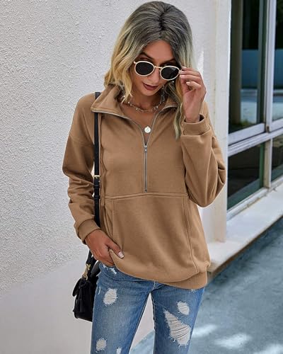 Image of PRETTYGARDEN Women's Casual Long Sleeve Zipper Sweatshirt Drawstring Loose Quarter Zip Pullover Tops with Pockets