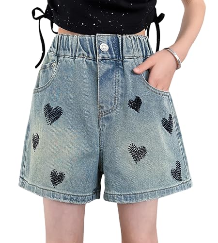 Happy Cherry Baby Girls Denim Shorts Toddler Heartprints Embroidery Raw Trim Jeans Shorts Raw Trim Elastic High Waist Pull On Shorts Summer