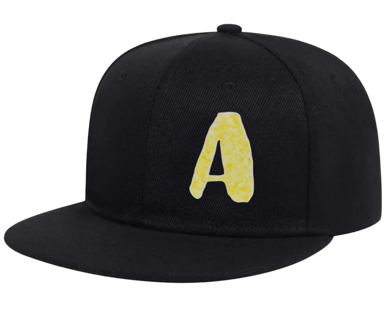 Black Snapback Cap with Yellow Letter A to Z Printed, Flat Brim Baseball Hat-image-10