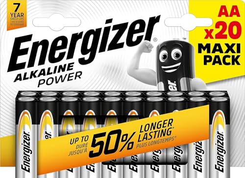 Energizer   Alkaline Power, Pack de 20 Pilas AA 1,5V, Larga duración para Uso Cotidiano, sin sulfataciones y con hasta 10 años de Vida útil