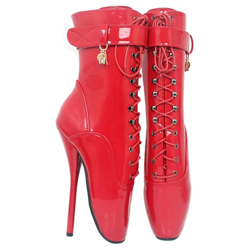 SPONYBORTY 7 Inch High Heel Extreme Fetish Goth Ballet Lace-Up Ankle Boots Plus Size ladies/red/45EU