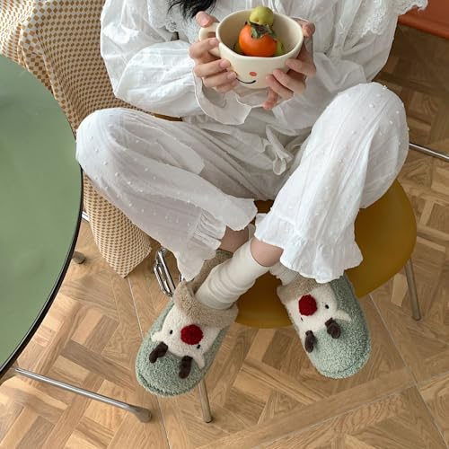 Winter Fuzzy Cozy Non-Slip Indoor Slippers Warm Plush Home Shoes Elk Mute Slippers for Women(36-37, Blue)4