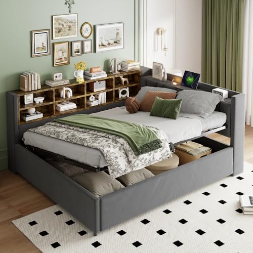 Wyibwy Cama acolchada de matrimonio 140 x 200 cm con luz nocturna y puertos USB y Type-C, sofá cama con estante y compartimentos de almacenamiento, cama contenedor hidráulico, con cabecero, terciopelo