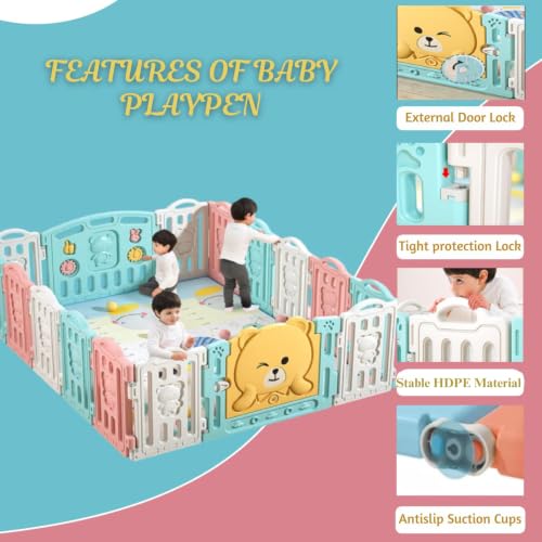 Image of 18 panel Playpen for Babies 0-3 Years Foldable with Mat and Balls Baby Play Area Indoor Setup Play Yard Fence for Toddlers Kids Playarea Setup Outdoor Children Play Pen with Gate Baby Playpen (6 x 6 ft=36 SQFT)